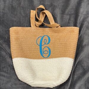 Chic Tan and Cream Straw Tote with Blue Initial C